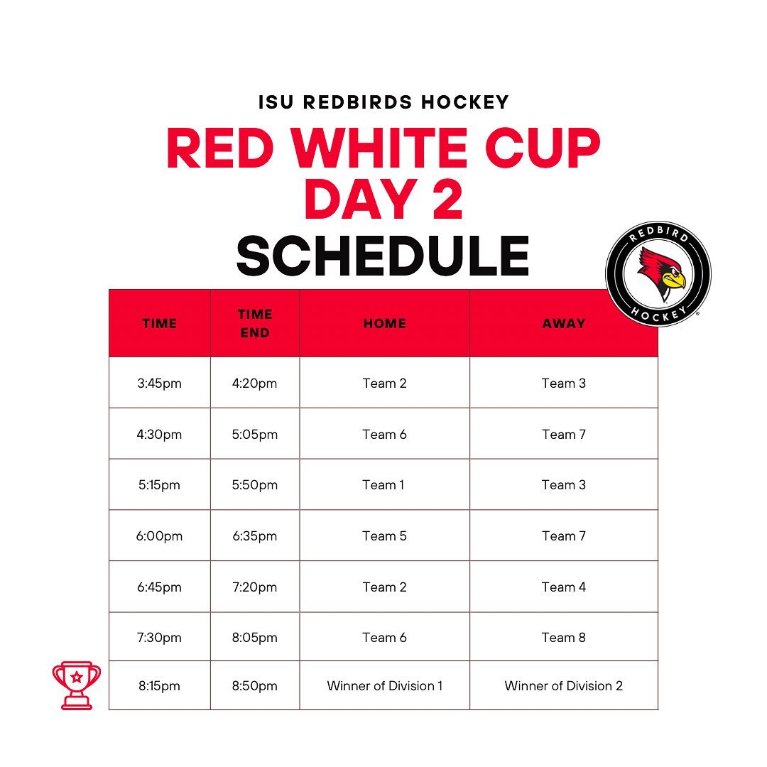 Here is today’s schedule for Red White Cup. All the games will be held in the Bloomington Ice Center!

#hereforgood #rollbirds